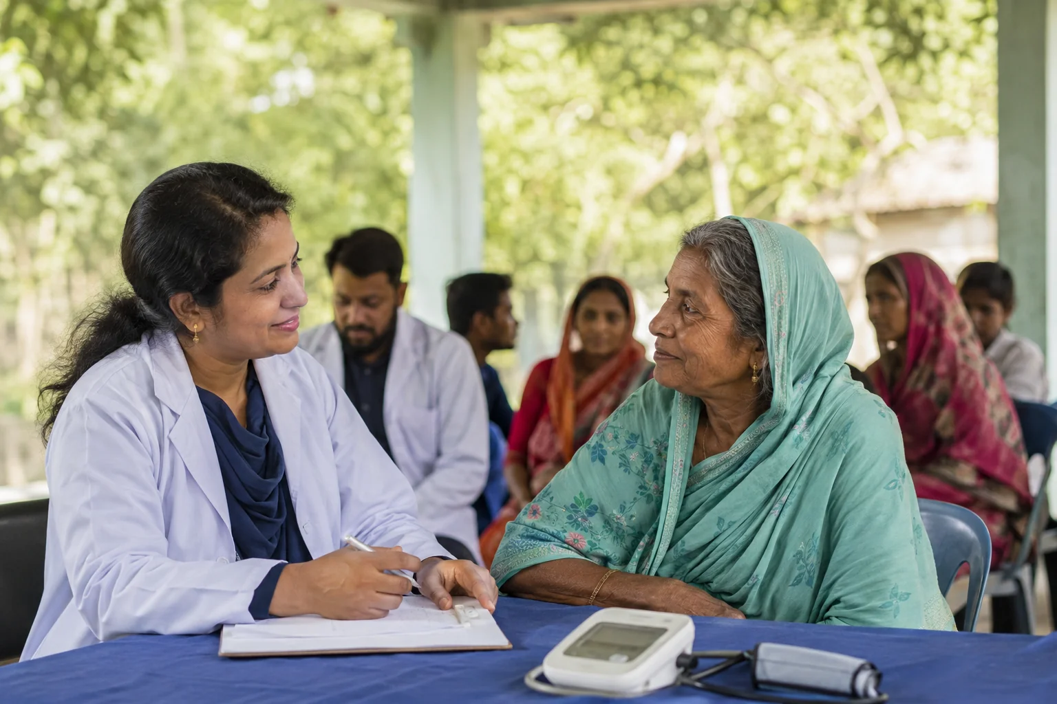 Illustration of a family physician at a community health camp in Bangladesh
